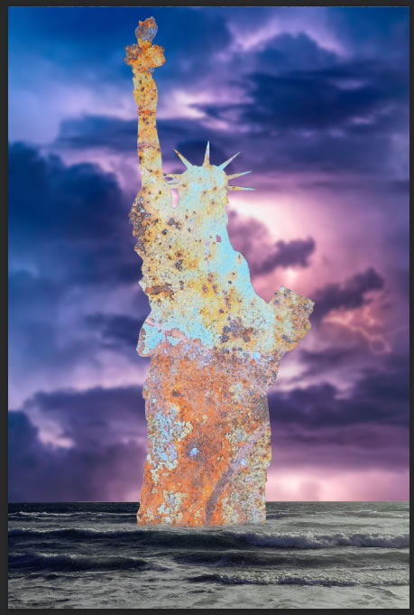 The Statue of Liberty partually submerged, with a slightly blurry stormy sky background and a rust texture applied on top, the statue looks flat in this image.